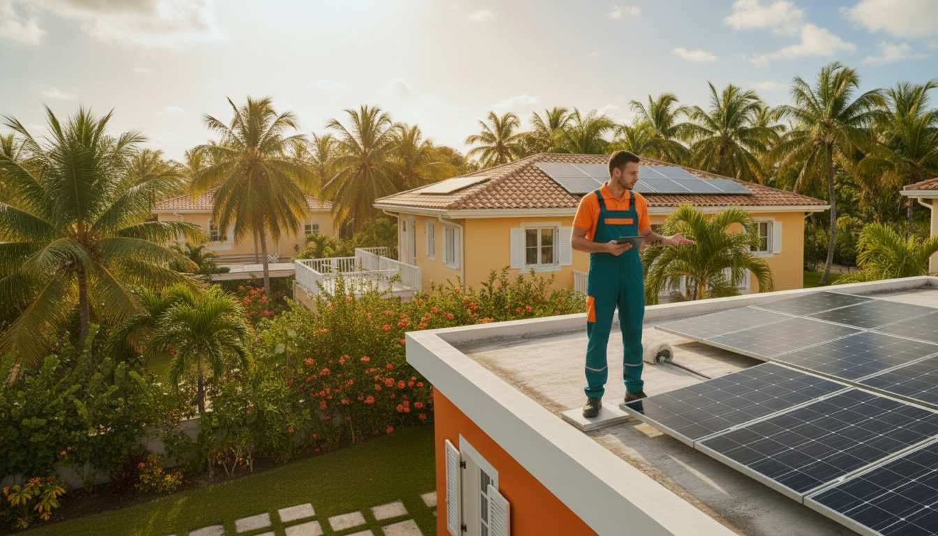 Technician inspecting solar panels